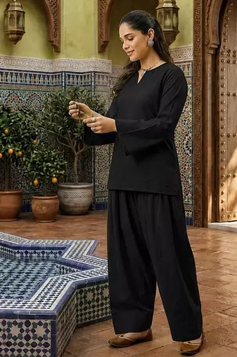 black cotton blend solid semi stitched suit