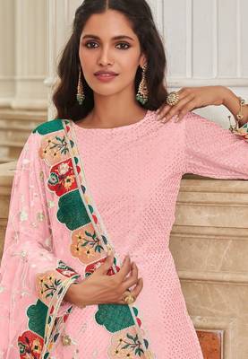 pink georgette embroidered & sequined semi stitched suit 2