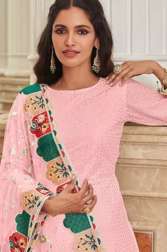 pink georgette embroidered & sequined semi stitched suit
