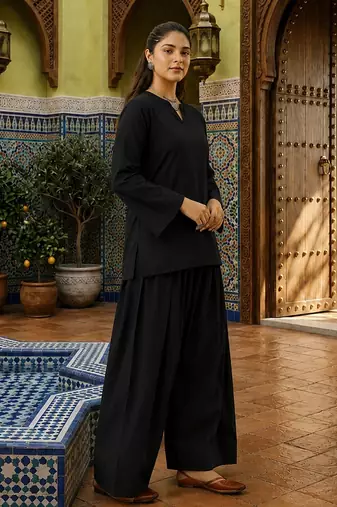 black cotton blend solid semi stitched suit