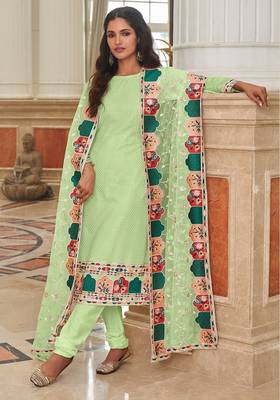 pista green georgette embroidered & sequined semi stitched suit 1