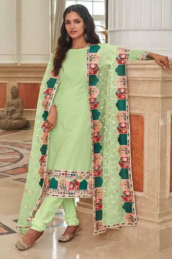 pista green georgette embroidered & sequined semi stitched suit