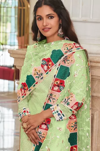 pista green georgette embroidered & sequined semi stitched suit
