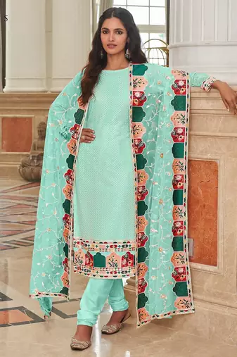 turquoise georgette embroidered & sequined semi stitched suit