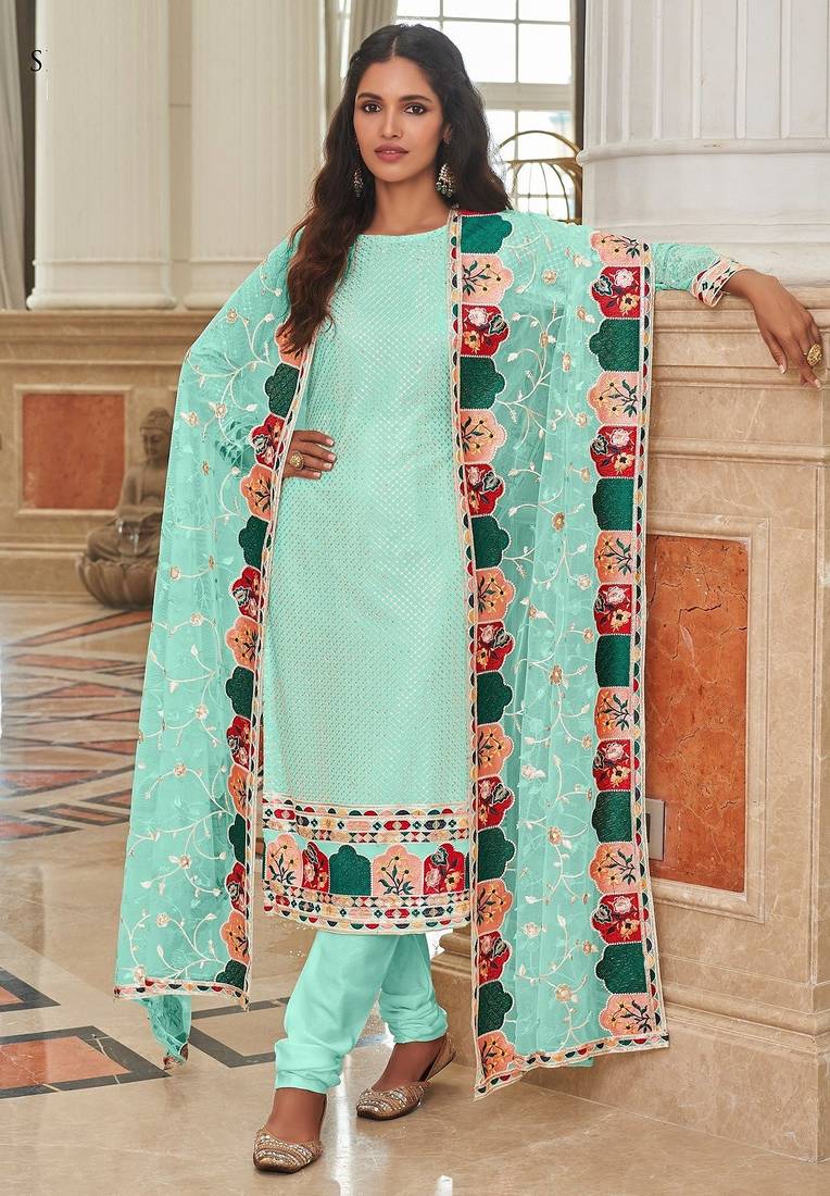 turquoise georgette embroidered & sequined semi stitched suit