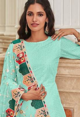 turquoise georgette embroidered & sequined semi stitched suit 2