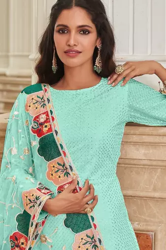 turquoise georgette embroidered & sequined semi stitched suit