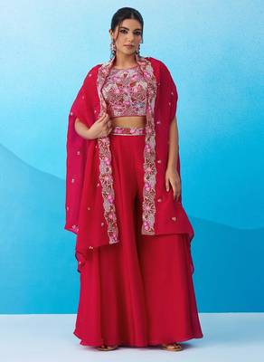 red crepe floral embroidery with beads & stones semi stitched suit 1