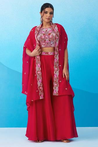 red crepe floral embroidery with beads & stones semi stitched suit