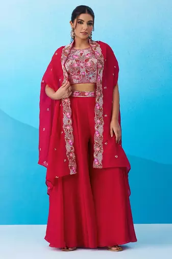 red crepe floral embroidery with beads & stones semi stitched suit