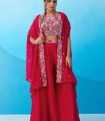 red crepe floral embroidery with beads & stones semi stitched suit