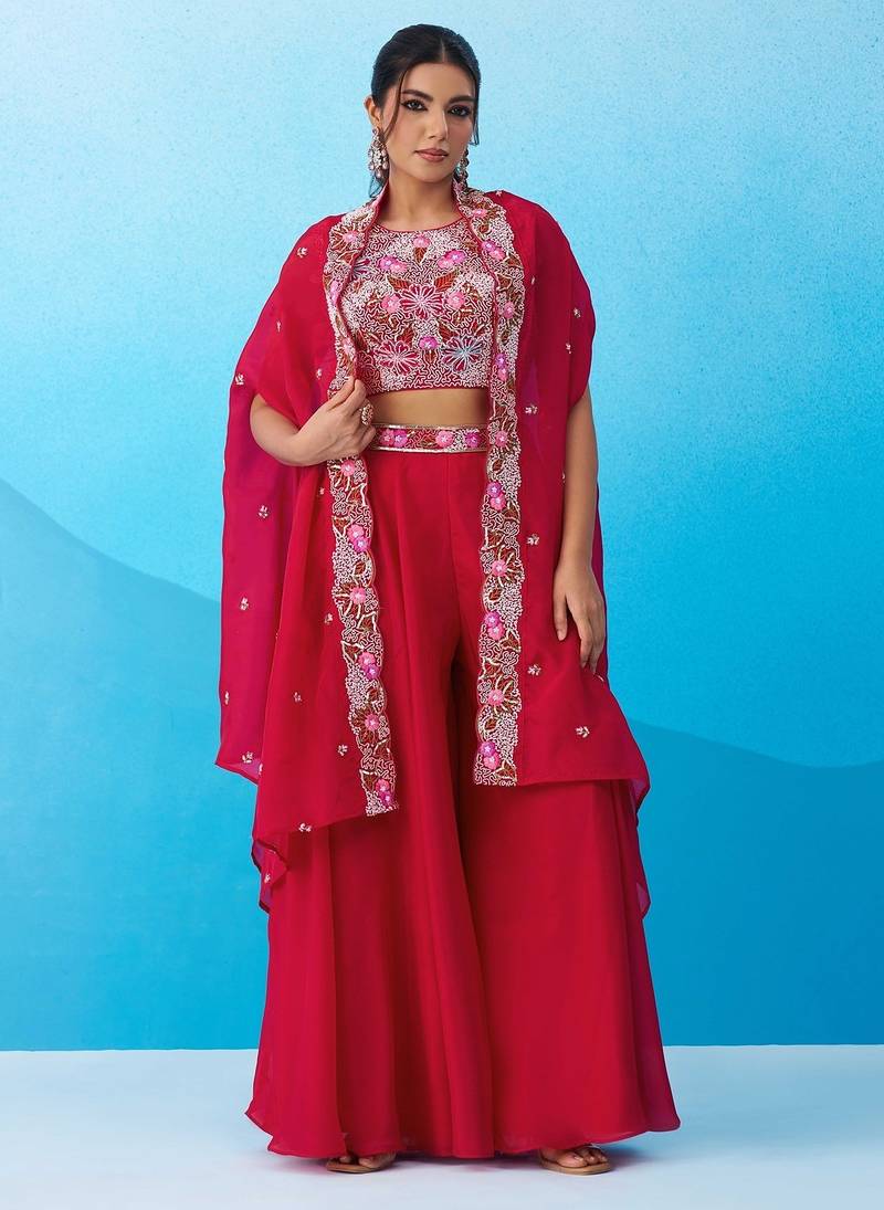 red crepe floral embroidery with beads & stones semi stitched suit