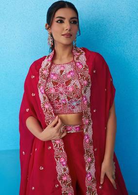 red crepe floral embroidery with beads & stones semi stitched suit 2