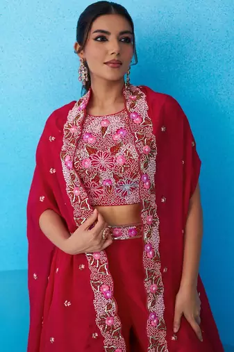 red crepe floral embroidery with beads & stones semi stitched suit