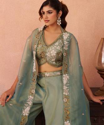 pista tissue beads embroidery with stones semi stitched suit 2