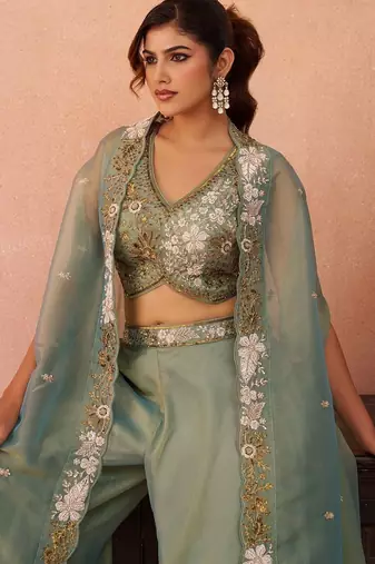 pista tissue beads embroidery with stones semi stitched suit