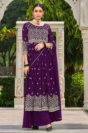purple georgette embroidery & sequined semi stitched suit