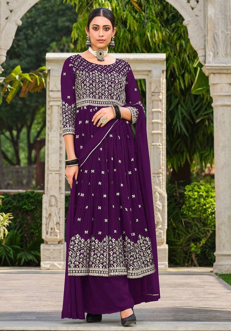 purple georgette embroidery & sequined semi stitched suit