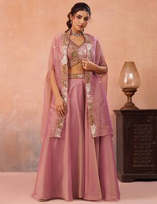pink tissue beads embroidery with stones semi stitched suit 1