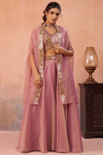 pink tissue beads embroidery with stones semi stitched suit