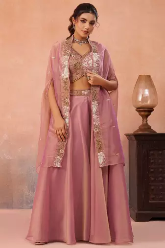 pink tissue beads embroidery with stones semi stitched suit