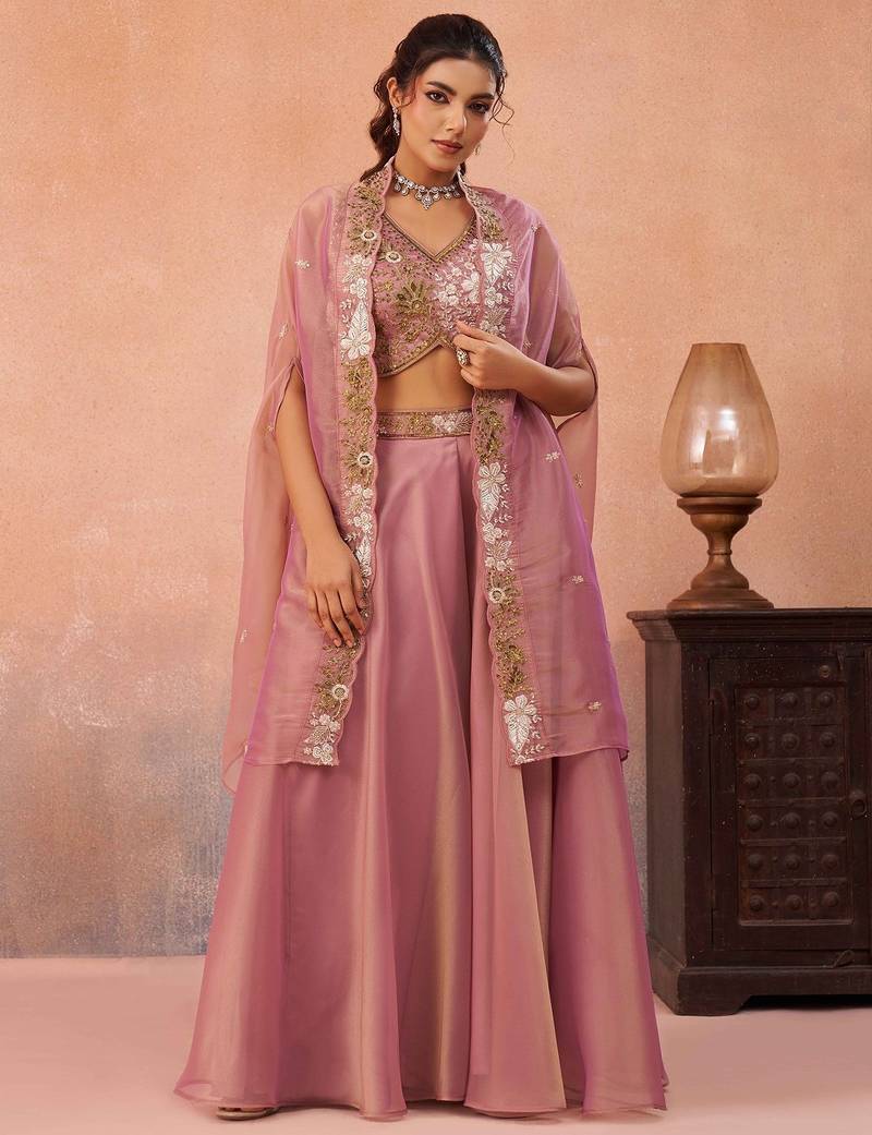 pink tissue beads embroidery with stones semi stitched suit