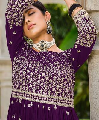 purple georgette embroidery & sequined semi stitched suit 3