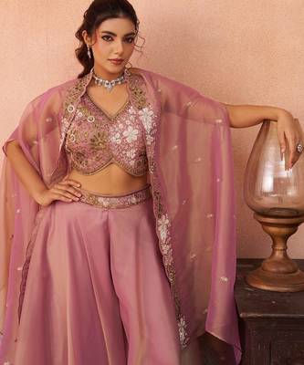 pink tissue beads embroidery with stones semi stitched suit 2