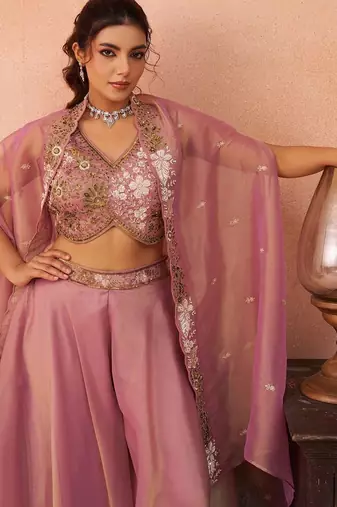 pink tissue beads embroidery with stones semi stitched suit