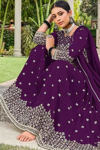 purple georgette embroidery & sequined semi stitched suit