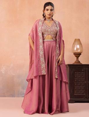 pink crepe beads embroidery with stones semi stitched suit 1
