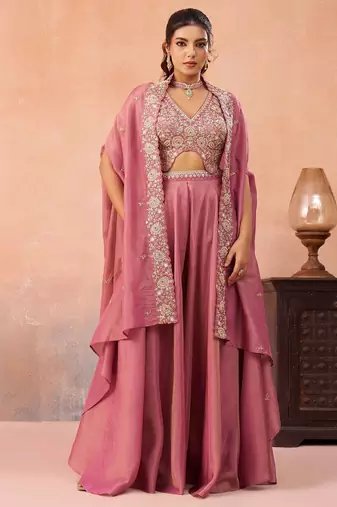 pink crepe beads embroidery with stones semi stitched suit