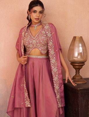 pink crepe beads embroidery with stones semi stitched suit 2