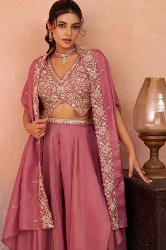 pink crepe beads embroidery with stones semi stitched suit