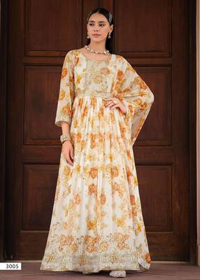 white georgette embroidery digital print & sequined semi stitched suit 1