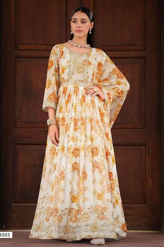 white georgette embroidery digital print & sequined semi stitched suit