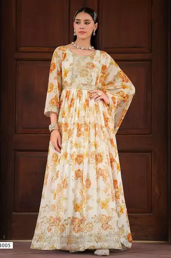 white georgette embroidery digital print & sequined semi stitched suit