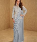 grey chiffon embroidered  mirror work hand work  sequined & tassels lace semi stitched suit