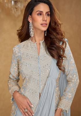 grey chiffon embroidered  mirror work hand work  sequined & tassels lace semi stitched suit 2