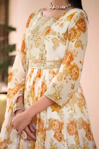 white georgette embroidery digital print & sequined semi stitched suit