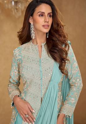 sky blue chiffon embroidered  mirror work hand work  sequined & tassels lace semi stitched suit 2