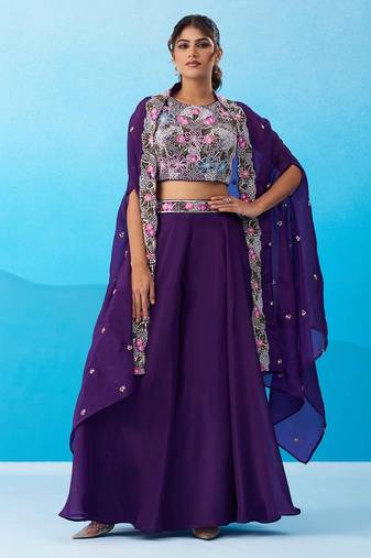 purple crepe floral embroidery with beads & stones semi stitched suit