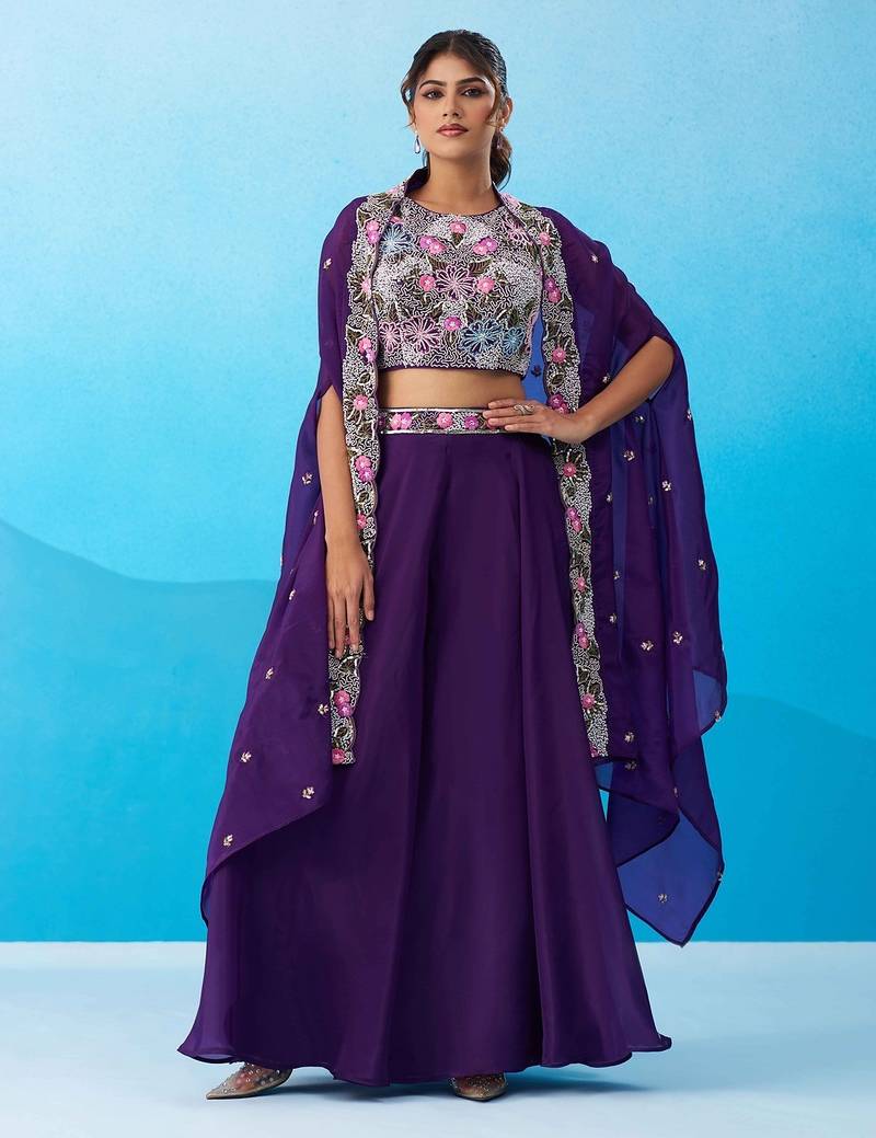 purple crepe floral embroidery with beads & stones semi stitched suit