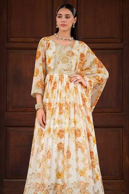 white georgette embroidery digital print & sequined semi stitched suit 3