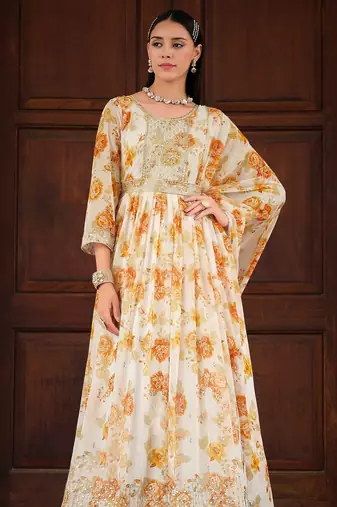 white georgette embroidery digital print & sequined semi stitched suit