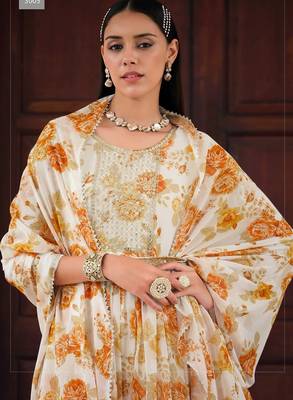 white georgette embroidery digital print & sequined semi stitched suit 4