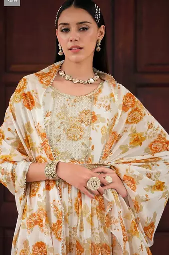 white georgette embroidery digital print & sequined semi stitched suit