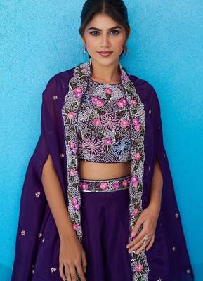 purple crepe floral embroidery with beads & stones semi stitched suit 2