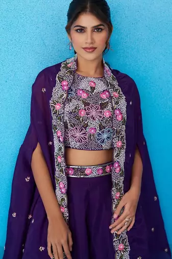 purple crepe floral embroidery with beads & stones semi stitched suit