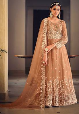 light brown net thread embroidered semi stitched suit 1